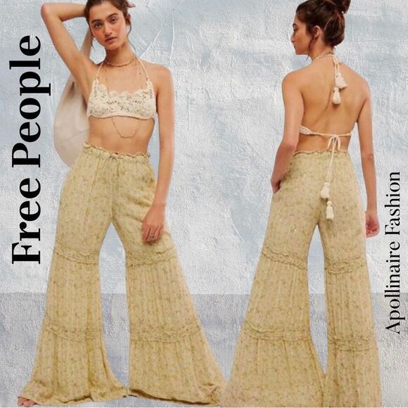 FREE PEOPLE EMMALINE TIERED PULLON FLARED PANTS IN SAGE COMBO NWT - Picture 1 of 9